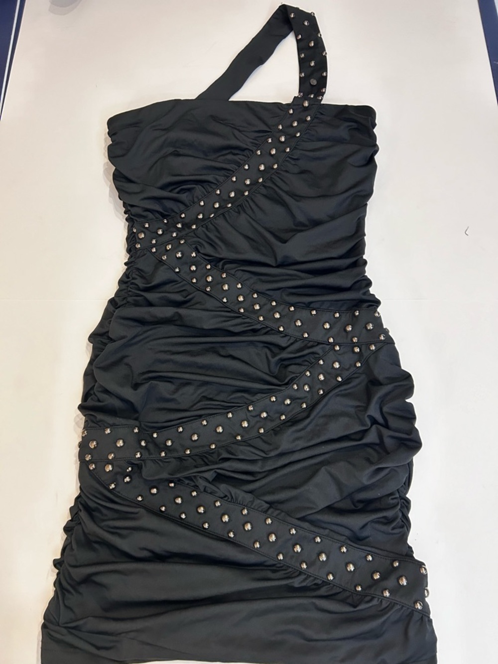 San Joy Black One-Shoulder Studded Ruched Cocktail Dress